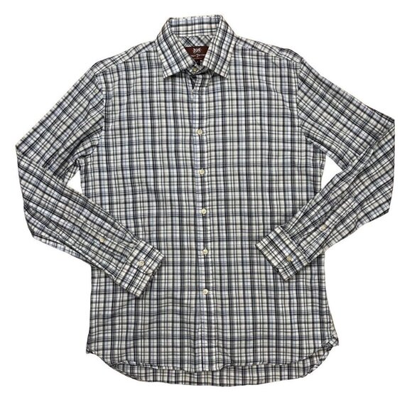 Hickey Freeman SMALL Plaid Cotton Button Up Shirt (White, Beige, Blue, Black) - Picture 1 of 5